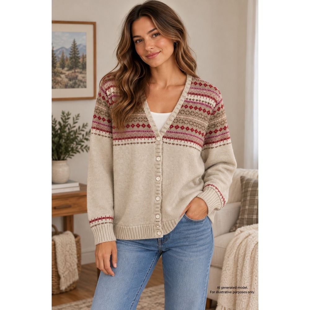 Lands End Womens Beige Fair Isle V-Neck Button Front Cardigan Sweater Large